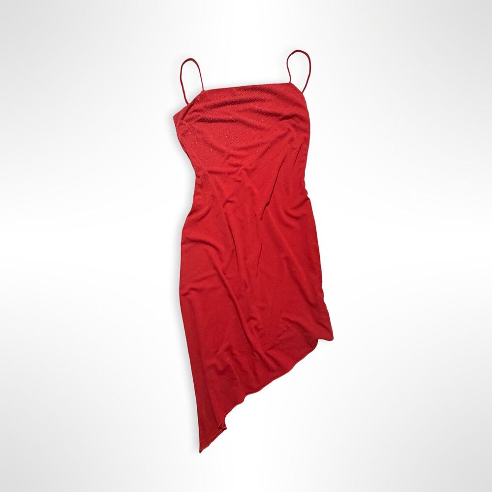 VTG Y2K Hourglass, Red Asymmetrical Slinky Backless Embellished Cocktail Dress M